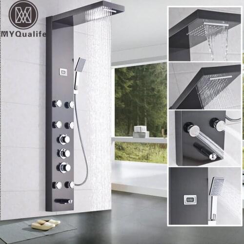 Waterfall 6pc Massage Jets Rain Shower Column Thermostatic Mixer Shower Faucet Tower W/Hand Shower Tub Spout Black Shower Panel