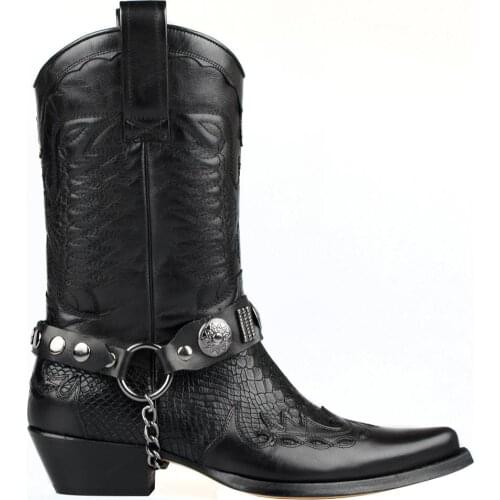 FootCourt Black Cowboy Boots Buckle Mid-Calf Genuine Leather Soles Motorcycle Boots Embossed Male Vintage Riding Boots Handcraft