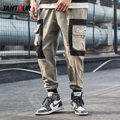 Hip Hop Boy Multi Pockets Color Block Patchwork Cargo Harem Joggers Pants Streetwear Harajuku Casual Sweatpants Gray Trousers
