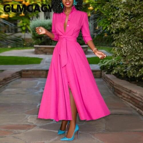 Half Sleeve Elegant Belted Button Down Slit Maxi Dress