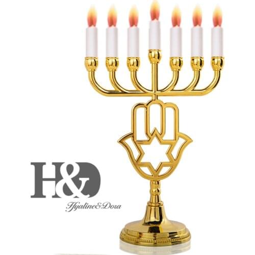 H&D 12 Tribes of Israel Jerusalem Temple Menorah Jewish Candle Holder 7 Branches Hanukkah Menorah For Decor (Gold-Star Of David)