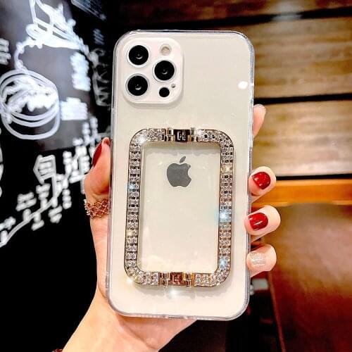 Electroplated Metal Square Diamond Holder Phone Case for iPhone11 12 Pro Max XS XR 7 8 Plus Lens Protection Clear Acrylic Cover
