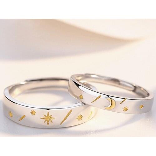 Sun Moon Star Silver Color Valentines Day Gift Female Resizable Opening Romantic Couple Rings