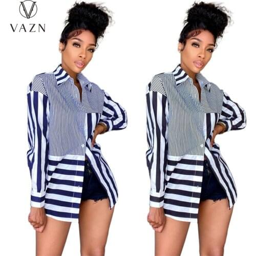VAZN 2021 Summer Striped Modern Style Shinny V-neck Full Sleeve Sport Clothing Shirts Women Top