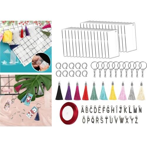 Acrylic Keychain Tassels Charms Blanks Set Pendants and Key Chain Alphabet Rectangle Board Jump Rings for Vinyl DIY Straps