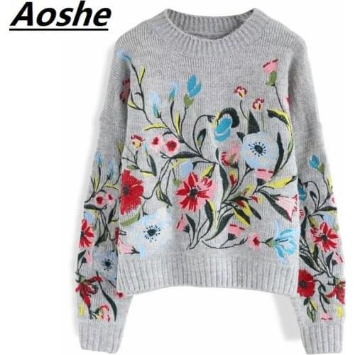 Aoshe Wool Womens Winter Sweaters 2018 Runway Designer Flora Embroidery Ethnic Vintage Knitted Ladies Pullovers Sueter Mujer