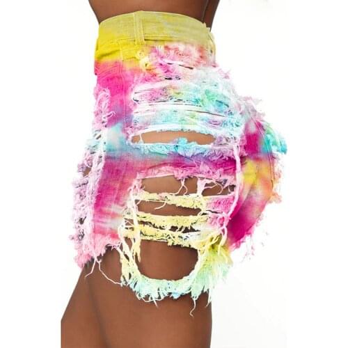 Tie Dye Ripped Cut Out Denim Shorts With Tassel Women Streetwear High Waist Hollow Out Sexy Hole Jean Shorts Female