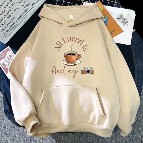 Letter Printing Sweatshirt Women All I Need Is Coffee and My Camera Cartoon Harajuku Oversize Hoodie Fashion Clothes Korean Tops