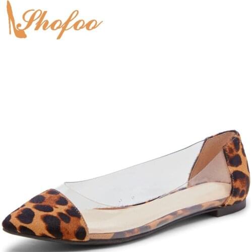 Large Size 15 16 Leopard Print Transparent Flats Woman For Ladies Pointed Toe Footwear Clear Shoes Fashion Mature Slip On Autumn