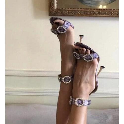 INS hot woman purple crocodile snake rhinestone Snowflake rhinestone buckle high heel sandal real photos