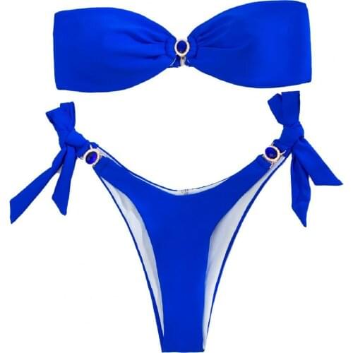 Women Sexy Bra Panties Split Swimsuit Push-Up Blue Rhinestone Bikini Set Tube Top for Beach Swimming