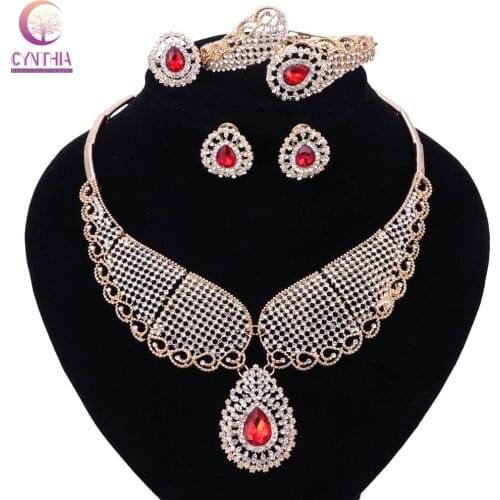 Rose Gold Color Women Sweater Chain Necklace Angel Wings Design Crystal Rhinestone Costume Jewelry Set Red Zircon Necklace Set