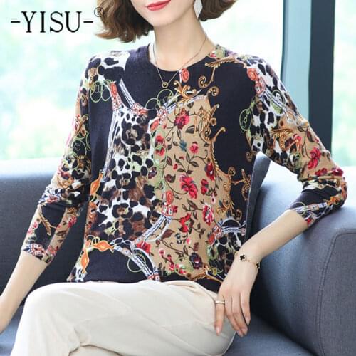 YISU 2021 New Women Autumn Sweater O-Neck Printing Tops Female Long sleeve Jumper Loose Casual Knitted pullove Women clothing
