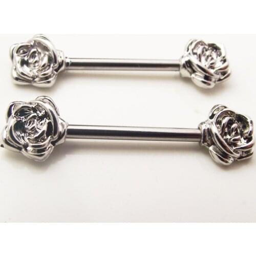2 piece 14G Punk Rock Sexy Love Flower Nipple Ring Shield Rings Body Piercing Jewelry Straight Rose Nipple Bar Women