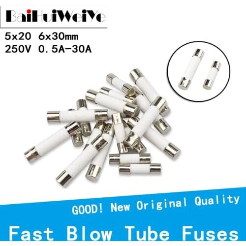 20pc/lot 5*20mm 6*30mm Fast Blow Tube Fuses 0.5A 1A 2A 3A 4A 5A 6A 6.3A 8A 10A 15A 20A 25A 30A 250V AMP Fuse Ceramic fuse