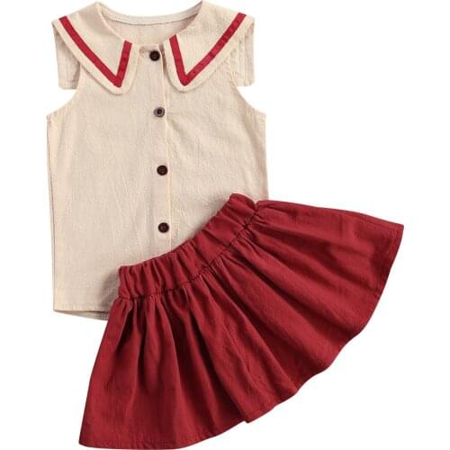 2021-03-09 Lioraitiin 0-5Years Toddler Baby Girl Solid Clothes Set Sleeveless Lapel Neck Button-up Top Elastic Waist Short Skirt