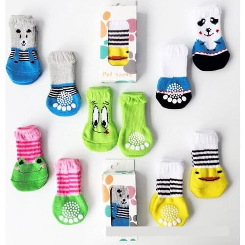 4pcs/Set Cute Puppy Dog Knit Socks Small Dogs Cotton Anti-Slip Cat Shoes for Autumn Winter Indoor Wear Slip on Paw Protector