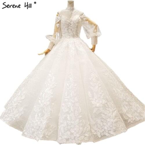 White High-end Luxury Iantern Sleeves Wedding Dresses 2020 Sexy Off Shoulder Pearls Flowers Bridal Gowns Real Photo