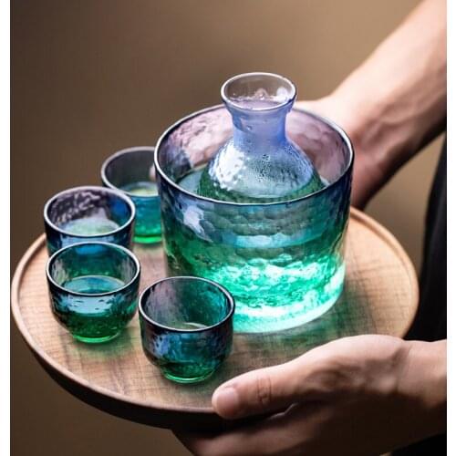 Glass Liquor Pot Wine Glass Set Wine Dispenser Bar Japanese Sake Pot Cups Set Gradient Color Wine Set Home Hotel Drinkware Gifts
