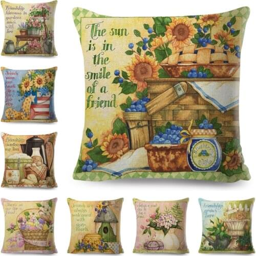 Watercolor Flower Teapot Pillow Case Decor Cartoon Colorful Plant Print Cushion Cover for Sofa Home Polyester Pillowcase 45x45cm