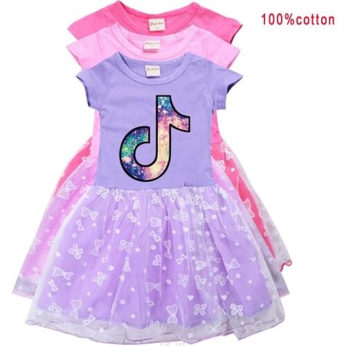 Girls Kids Cotton Tik Tok Mesh Cartoon Print Princess Dress Children Baby Birthday Party Dress Clothes