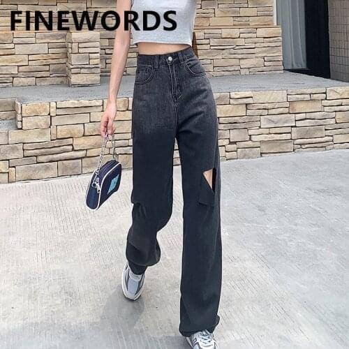 FINEWORDS Vintage Casual Streetwear Plus Size Jeans Ripped High Waist Jeans Women Korean Punk Loose Gradient Color Black Jeans