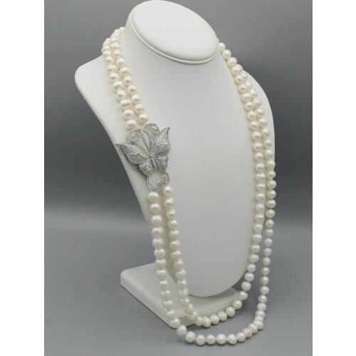 Elegant 2rows 8-9mm white freshwater pearl necklace micro inlay zircon butterfly clasp 70-76cm fashion jewelry