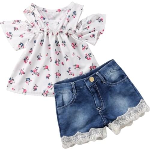 New Toddler Kid Baby Girls Off Shoulder Tops Print Floral T-shirt Denim Lace Pants Outfit Set Casual