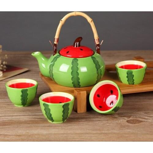 Ceramic Teapot Kettles Tea Cup Watermelon Tea Set Drinkware Set (one pot 4 cups) (No Tray)