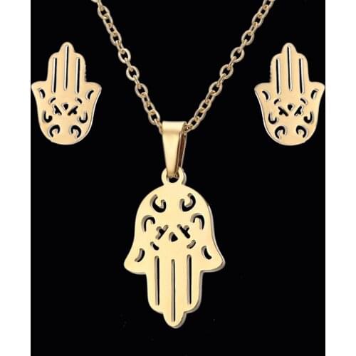 Rinhoo Trendy Fatima Hamsa Hand Pendant Necklaces Earrings Sets Stainless Steel Mens Jewelry For Women Party Jewelry Set