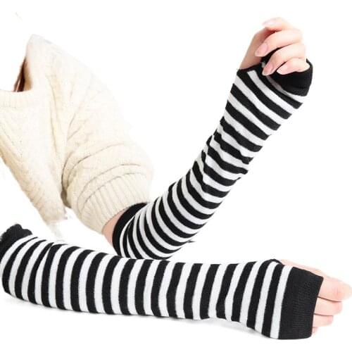 Fashion Striped Elbow Gloves Women Lady Warmer Knitted Long Fingerless Gloves Long Girls Elbow Mittens Sun Block Keep Warm Cuff
