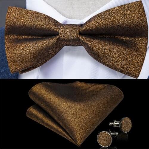 Mens Bowtie Gold Solid Silk Bowtie Hanky Cufflinks Set High Quality Male Wedding Bowtie DiBanGu Fashion Party Business LH-116