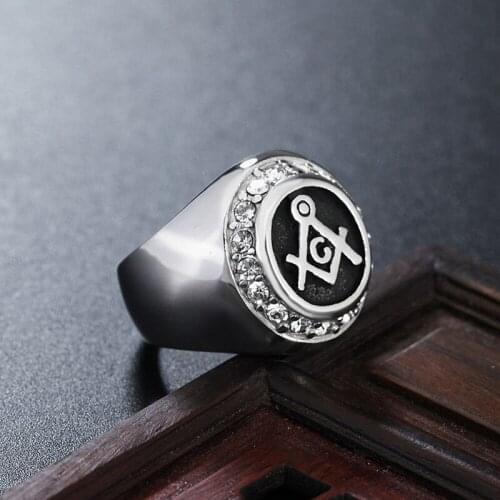 Mens Masonic Ring 316L Stainless Steel Clear Cz Crystal Vintage Freemason Ring