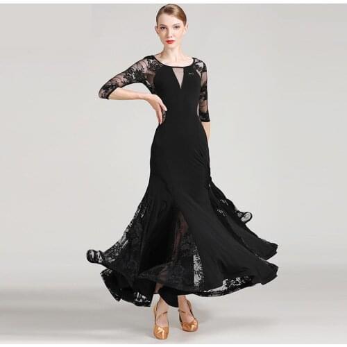 2019 New Black Standard Ballroom Dance Dresses Lace Sleeve Flamenco Dancing Skirt Women Middle Sleeve Stage Waltz Ballroom Dress