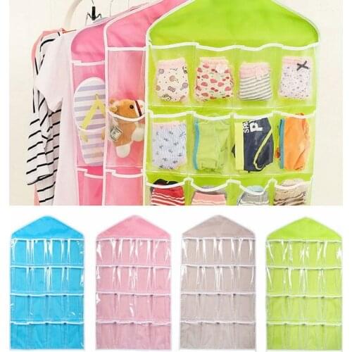 16 Pockets Clear Hanging Wardrobe Bag Socks Bra Underwear Rack Protect Dirt Bacteria Polyester Hanger Storage Closet Organizer