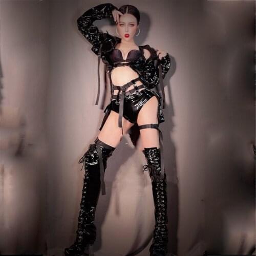 Sexy Women Bar Nightclub DJ DS Singer Jazz Dance Costume Black Patent Leather Bikini Suit Pole Clothing Rave Outfits XS1842