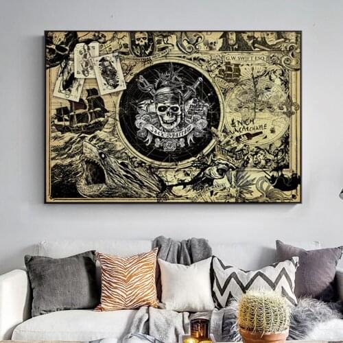 Pirate Of The Caribbean Mao Kun Map Movie Posters And Prints Skull Treasure Map Canvas Painting Picture On Wall Art Decoration