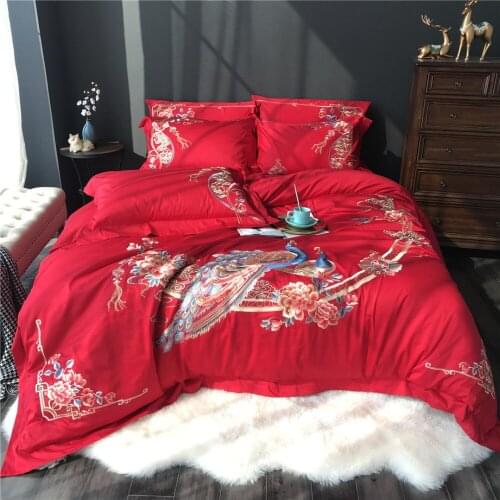 Luxury Embroidered 120S Egyeptian cotton Red Peacock Bedding sets Queen King Wedding Duvet cover Bed sheet set Pillowcases 4pcs