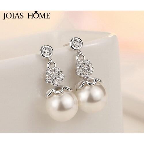 Joiashome 925 sterling silver earrings with natural freshwater pearl zircon drop earrings fine jewelry for female wedding party