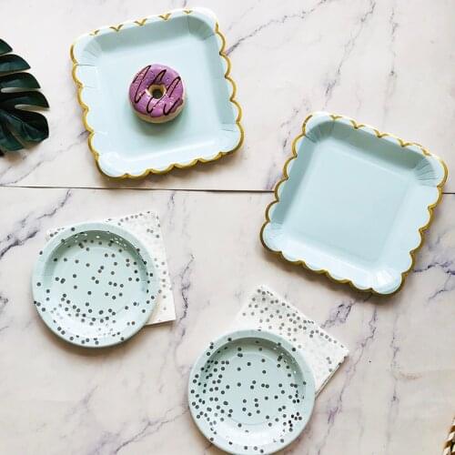 Gold Stamping Polka dot blue Disposable Tableware Set Paper Towel Paper Plate Paper Cup Birthday Party Holiday Celebration