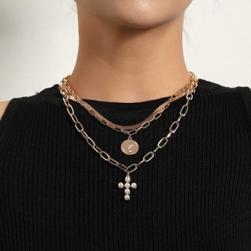 Punk Fashion Coin Pearl Cross Pendant Necklace for Women Double Layers Thick Chains Geometric Clavicle Necklace Jewelry Gift