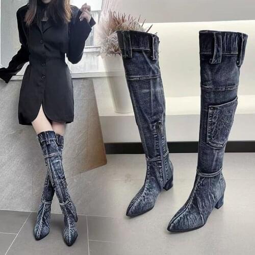 Women Cowboy Boots Autumn High Heel High Boots Fashion Buckle Over The Knee Warm Winter Shoes Woman Combat Boots