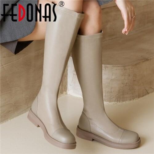 FEDONAS Autumn Winter Women Knee High Boots Fashion Splicing Genuine Leather Concise Casual Low Heels Shoes Woman Brand Classic