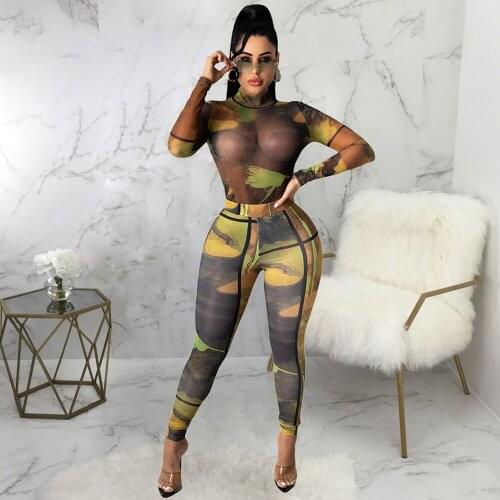Sheer Mesh Aesthetic Print Two Piece Pant Suit for Women Long Sleeve High Necked Tops and Skinny Legging Streetwear Clothing