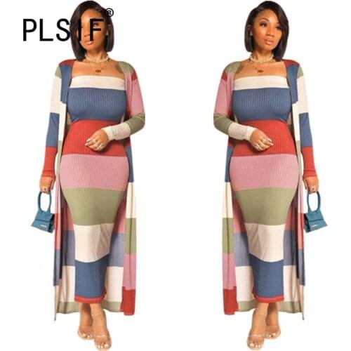 European Fashion Striped Print 2 Pieces Dress Set Full Sleeve Cardigan+Dress Outfits Female Matching Suit