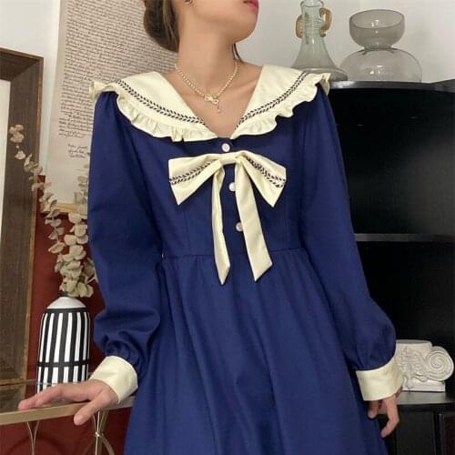 JuneRain Bow Sweet Lolita Dress Women Blue Vintage Patchwok Kawaii Midi Dress Korean Japanese Style Designer Fall Dresses Women