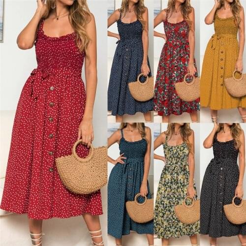 Summer Women Dot Sling Dress Printed Bow Breasted Knee-Length Dress Elastic Waist Elegant Ruffle Ladies Banquet Dress Daily Wear
