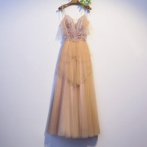 Bespoke Occasion Dresses V-Neck Sleeveless Spaghetti Strap Sequined Pearls Embroidery Lace Tulle Women Formal Evening Gown HB107