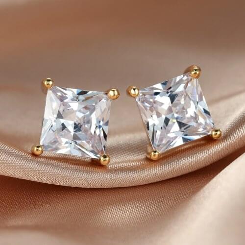 1 Pair 8MM Square Gold Stud Earrings for Women Simple Fashion Geometric Zircon Earrings Bridal Wedding Birthday Jewelry Gift
