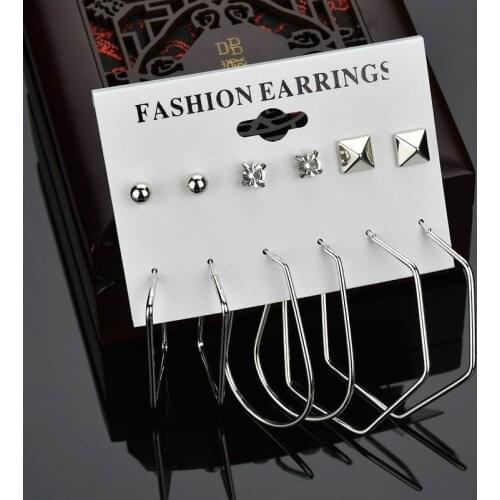 6 Pairs Fashion Solid Color Irregular Geometric Metal Hollow Hoop Bead Rhinestone Drop Earrings Set for Women Girls Ear Jewelry